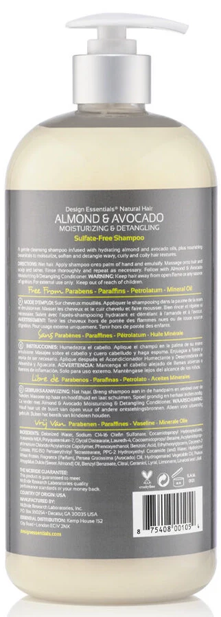 Design Essentials Natural Almond & Avocado Moisturizing & Detangling Sulfate-Free Shampoo – 32 oz(DES00105) - Image 2